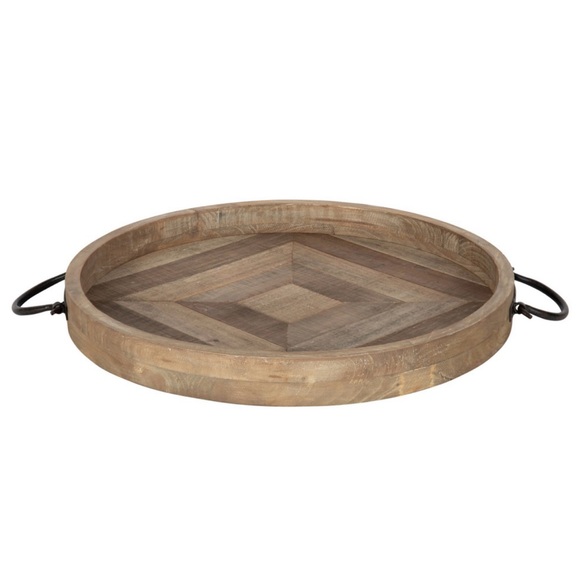 NWB $89 Marmora Wood Round Tray, modern Farmhouse Rustic Brown 18” - Picture 2 of 6